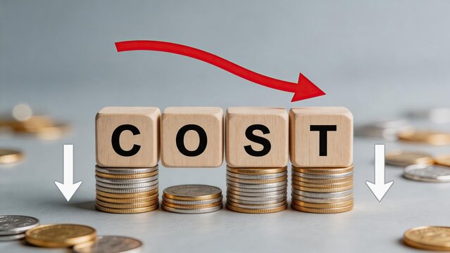 Cost reduction concept with wooden blocks spelling cost, coins stacks showing decline, red arrow pointing down, financial savings, budget cut, expense management, economic