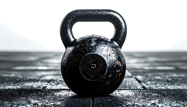 Wet black cast iron kettlebell on a textured floor, fitness equipment for strength training and exercise