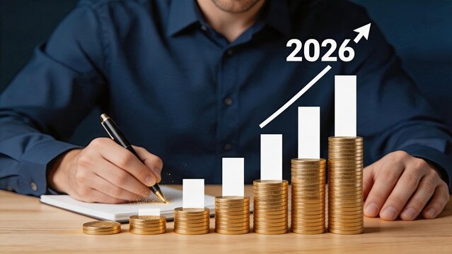 Man writing notes next to stacks of gold coins and bar graph indicating financial growth towards year 2026