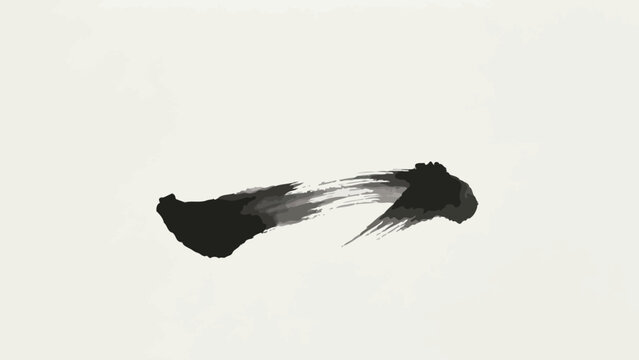 Abstract Minimalist East Asian Sumi-e Curved Calligraphic Ink Stroke, Deep Black to Soft Grey Gradient, Dry Brush Texture, Dominant Negative Space on Warm Rice Paper