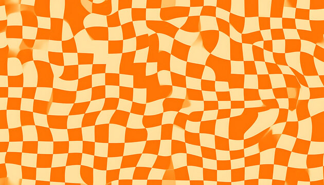 Warped checkerboard pattern with orange and cream squares, abstract distorted texture, psychedelic effect, background