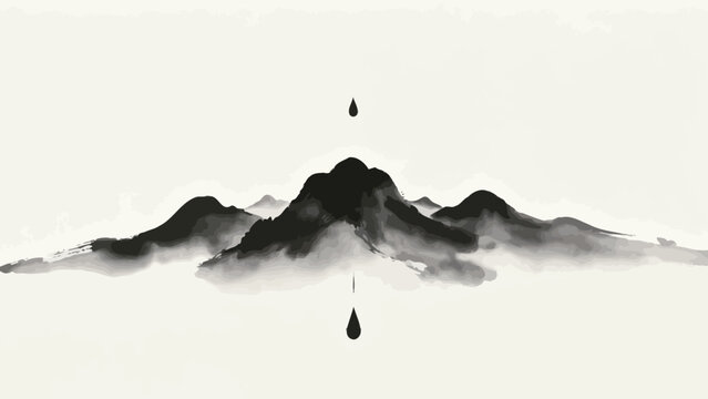 Minimalist Sumi-e Ink Wash Artwork: Symmetric Misty Mountain Ridge with Vertically Mirroring Ink Droplets, Serene Meditative Zen Aesthetic