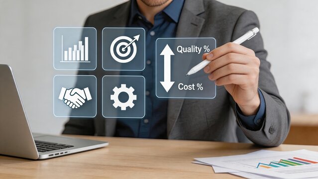 Executive reviewing financial performance indicators and business goals on virtual display, focusing on increasing quality while decreasing costs for optimal company growth and