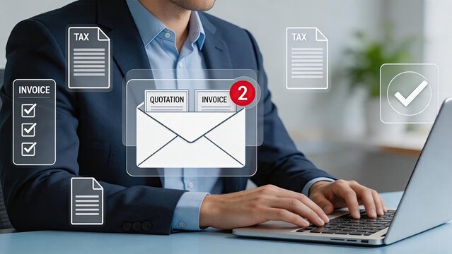 Man typing on laptop with floating email envelope containing invoice and quotation, surrounded by tax forms and checklist, illustrating business administration, accounting