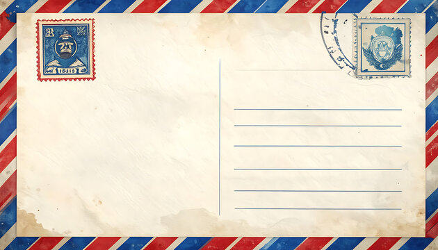 Vintage postcard with retro airmail border, aged paper texture, stamps, and blue ink postmarks, perfect for nostalgic communication themes