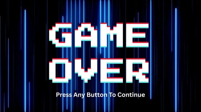 A pixelated digital 'GAME OVER' message displayed on a retro screen with dynamic neon lines, inviting players to continue their virtual adventure