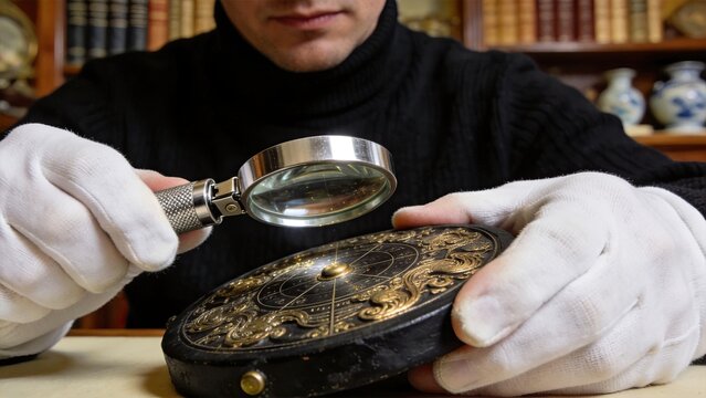 Antique compass inspection with magnifying glass by expert wearing white gloves, historical artifact examination, museum curator work, vintage navigation tool, archaeology,