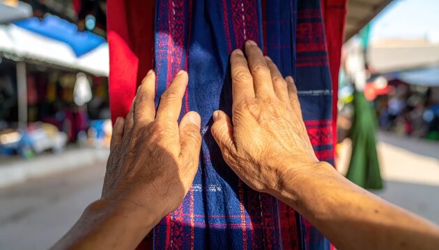 Close-up of hands touching a colorful woven textile at an outdoor market.