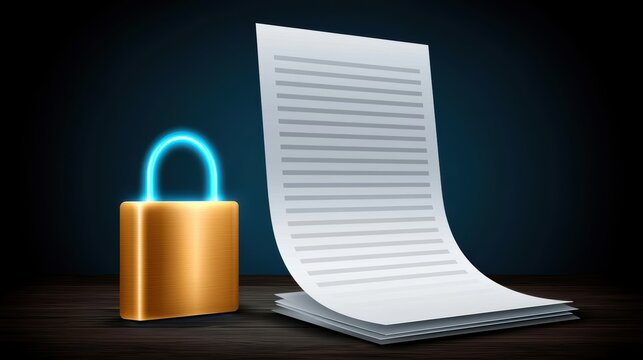 Secure document privacy concept featuring gold padlock and stack of paper files on dark desk surface for data protection security