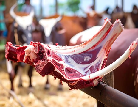 Close-up of a cut beef rib with bones and sinew. Blurred background with cattle in a farm setting. Focus on the raw meat
