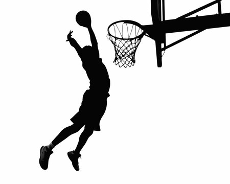Basketball player silhouette dunking towards the hoop on a white background