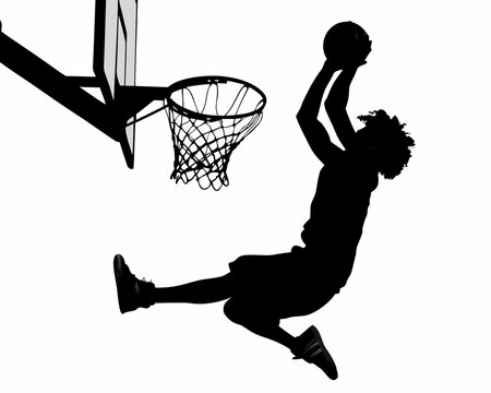 Basketball player silhouette dunking towards the hoop on a white background