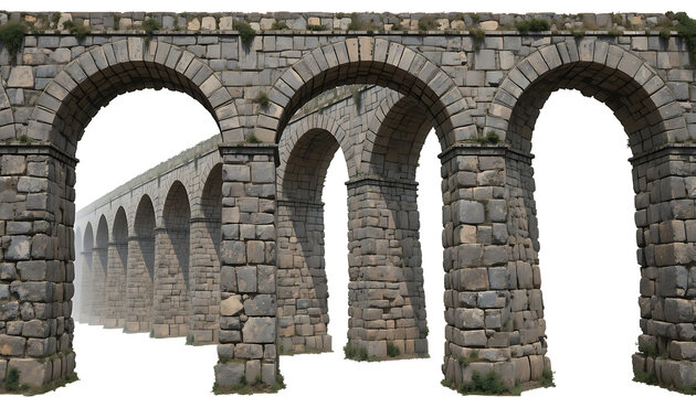 Ancient stone aqueduct with multiple arches isolated on white background