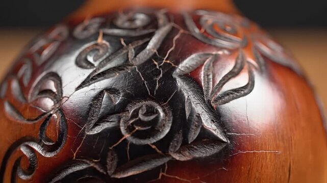 Intricate Carving on Ancient Amber Artifact Closeup Macro Shot.