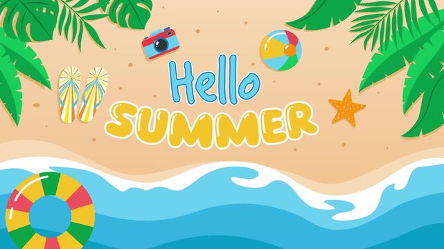 Fun summer beach animation background with tropical leaves, ocean waves, beach ball, flip flops, and cute typography. Colorful holiday design perfect for travel, vacation, and seasonal promos.