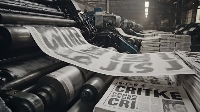Newspaper printing press in action producing fresh copies of the daily news.