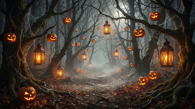 Spooky halloween night background with glowing pumpkins and lanterns in dark forest