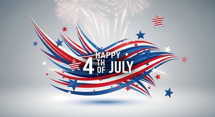 Obraz premium Happy 4th of July graphic design with red white and blue abstract waves and stars and fireworks on a light gray background, patriotic celebration concept
