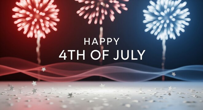 Happy 4th of July text overlay with red and blue fireworks exploding in the night sky above wavy patriotic ribbons and scattered star confetti on a reflective surface, festive celebration concept