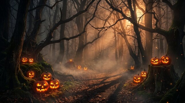 Spooky halloween night background with glowing pumpkins in dark forest