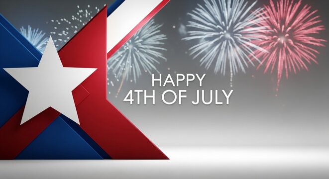 Abstract patriotic graphic with white star and red blue stripes against a background of exploding fireworks and text reading Happy 4th of July, festive celebration concept