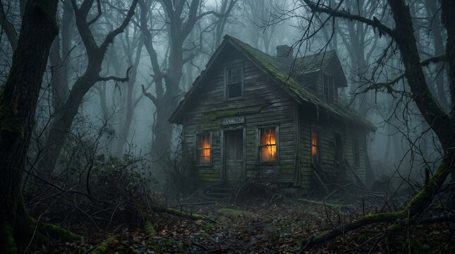 Spooky halloween night background with abandoned house in dark forest