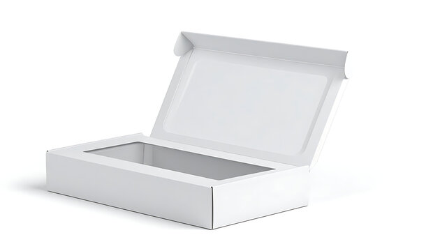 White cardboard box with clear plastic window, partially open, isolated on white, product packaging mockup