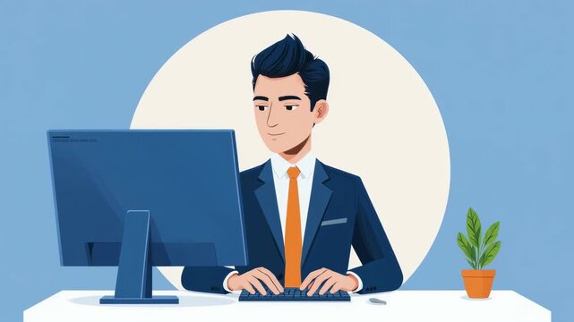 Young Businessman in Suit Working on Computer at Desk Flat Illustration