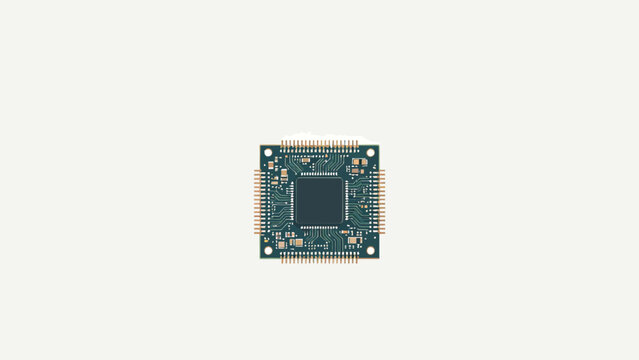 Top-down view of square surface mount microprocessor module with gold edge pins, dark green printed circuit board, centered on plain off-white background