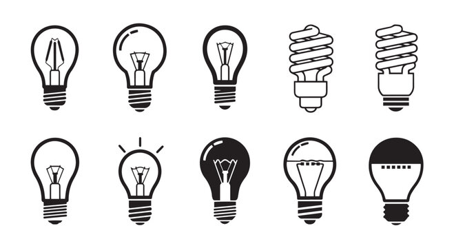 Various Light Bulb Designs in Black and White Outline
