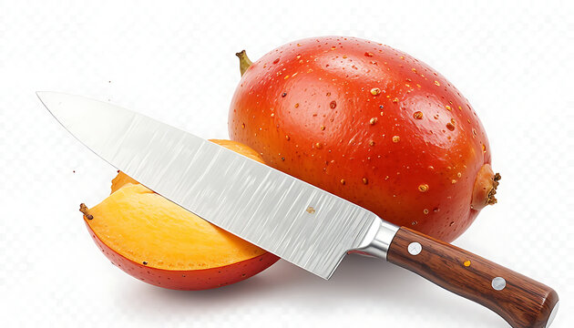 A knife with a wooden handle rests on a vibrant red mango and a slice of mango isolated on white background