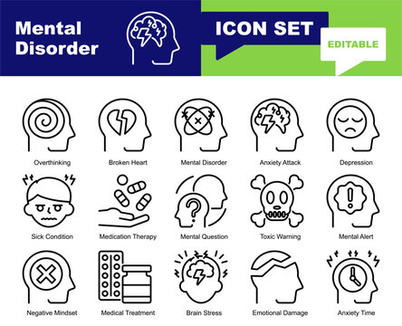 Mental Disorder icon set. Vector symbols for mental health, anxiety, stress, psychology, emotional, burnout, trauma, wellness, therapy, mindfulness