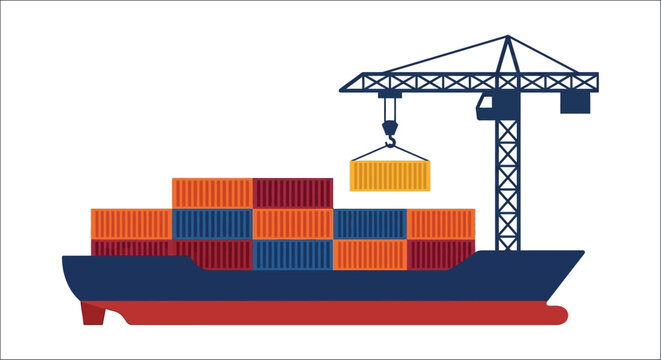 Cargo ship with shipping containers and crane flat vector illustration