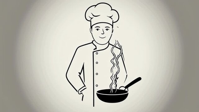 Chef Cooking with Frying Pan Line Art Illustration