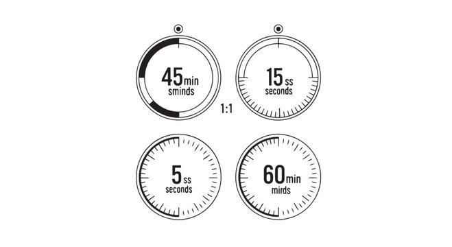 Time Clock Illustrations with Different Timers in Black and White