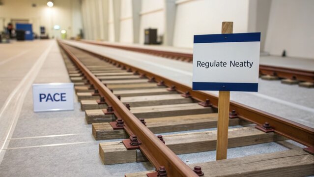 A clean and organized railway track setup with a clear signage demonstrating the need to regulate neatly for safety and efficiency in all transport operations
