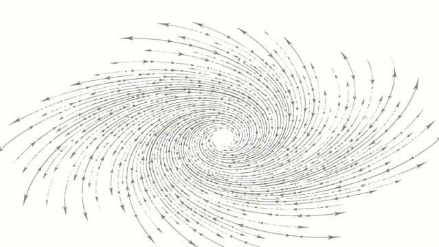 Hand-drawn monochrome rotational vortex vector field illustration, with curved streamlines and direction arrows forming a counterclockwise outward spiral on off-white paper