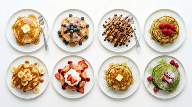 Top view of eight different types of pancakes with various toppings isolated on white background