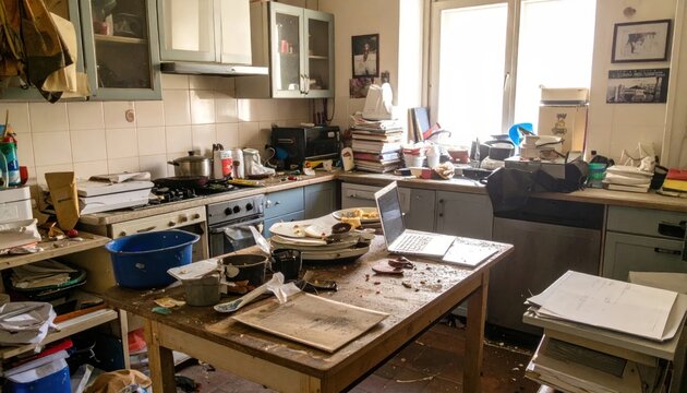 Cluttered and messy kitchen with stacks of papers and dishes.