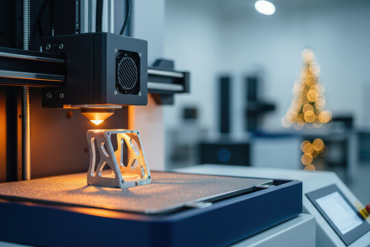 A 3d printer creating a metallic object with glowing light