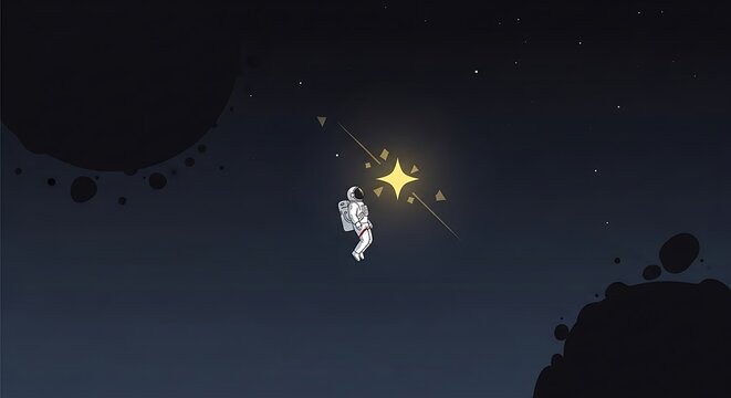 Astronaut floating in space with bright star and dark planets illustration