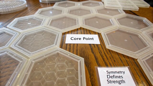 Clear Hexagonal Plastics Display on Wooden Table with Core Point and Symmetry Defines Strength Text for Innovative Design Concepts