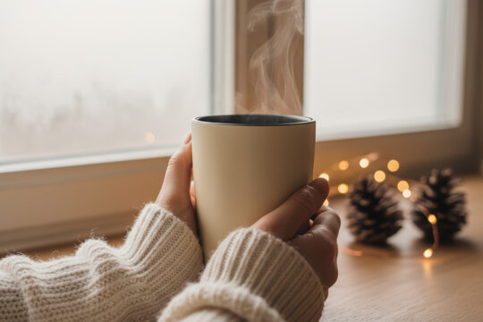 Hands holding a steaming mug by the window on a cold day