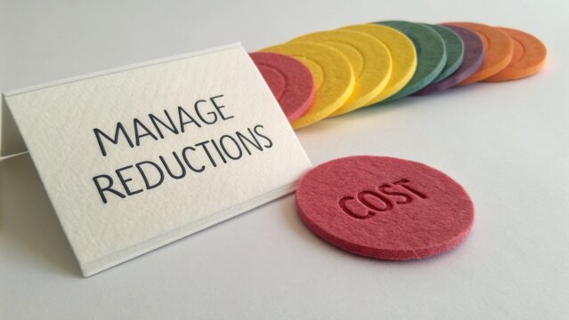 Colorful Felt Tokens and a Card with the Text "Manage Reductions" Displayed on a White Background for Financial Planning and Budgeting Concepts