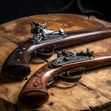 Two antique flintlock pistols on wood.