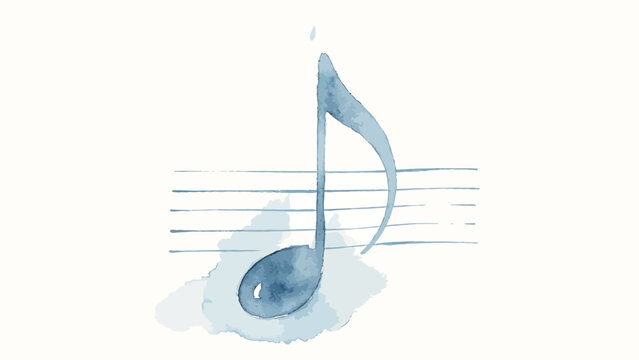 Minimalist Soft Blue Watercolor Eighth Music Note On Five-Line Staff With Gentle Pigment Bleed, Delicate Calm Musical Illustration On Warm Off-White Paper