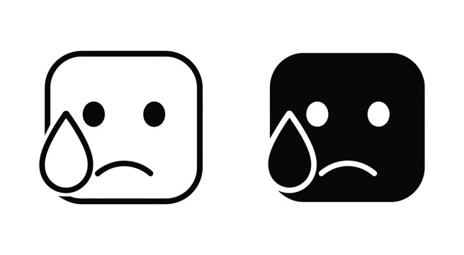 Minimalist sad face icons with tear drop outline and solid styles expressing grief stress anxiety vector illustration