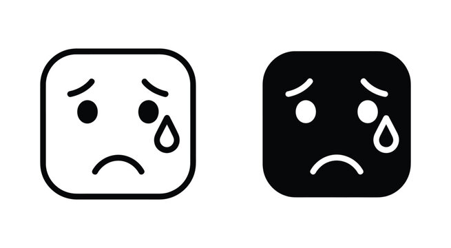 Sad face emoji icons set tear drop outline and solid emotional expression vector illustration