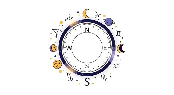 Compass illustration with celestial elements guidance and navigation