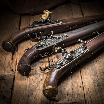 Vintage antique flintlock pistols on wood.